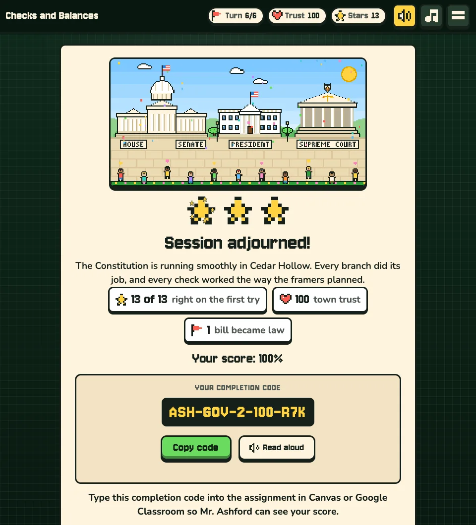 The end screen of the Checks and Balances sample: three stars, Session adjourned!, 13 of 13 right on the first try, Your score: 100%, and the completion code ASH-GOV-2-100-R7K with a Copy code button.