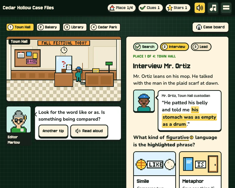 Case Files mid-game: at Town Hall, a witness says his stomach was as empty as a drum, and the student chooses which kind of figurative language it is.