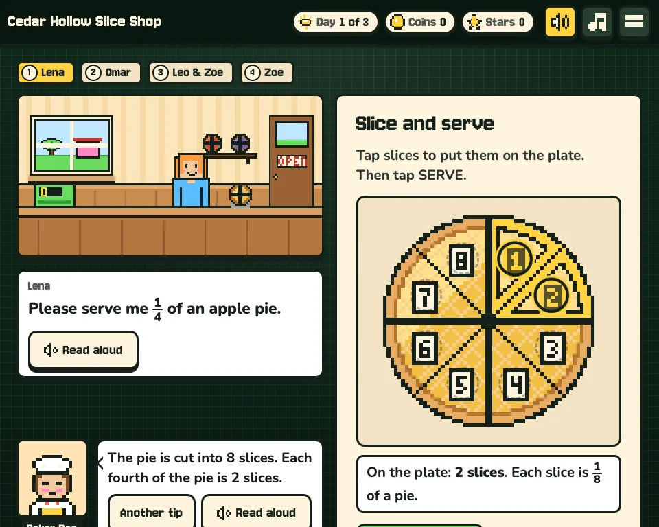 Slice Shop mid-game: a customer asks for 1/4 of an apple pie, and the student taps 2 slices of a pie cut into 8.